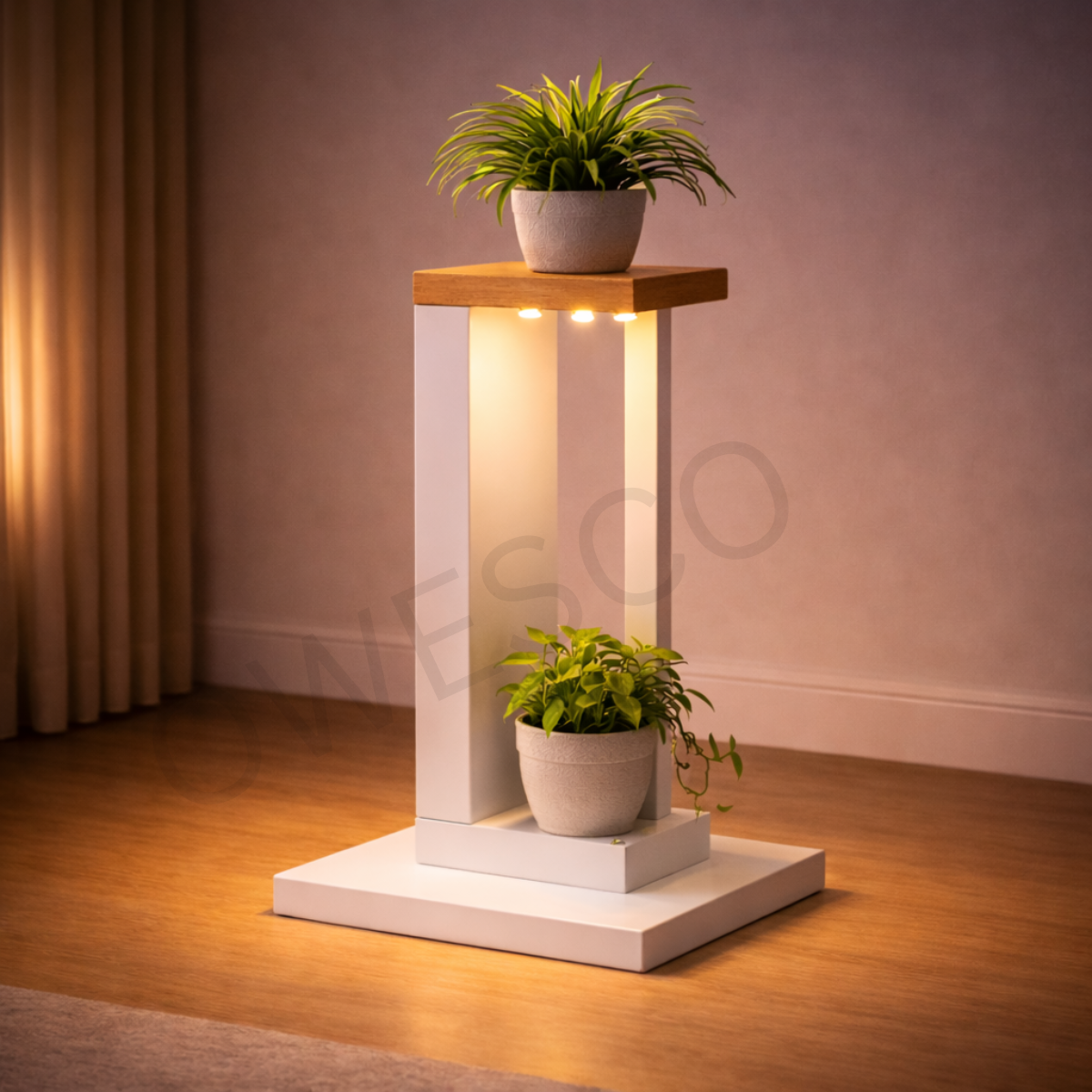 Modern Dual-Level Plant Stand – White Metal & Wood Top FT2 ( white )