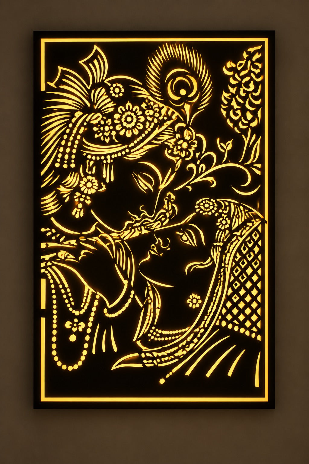 Diwali Special Radha Krishna LED Wall Art – Divine Golden Backlit Wall Decor