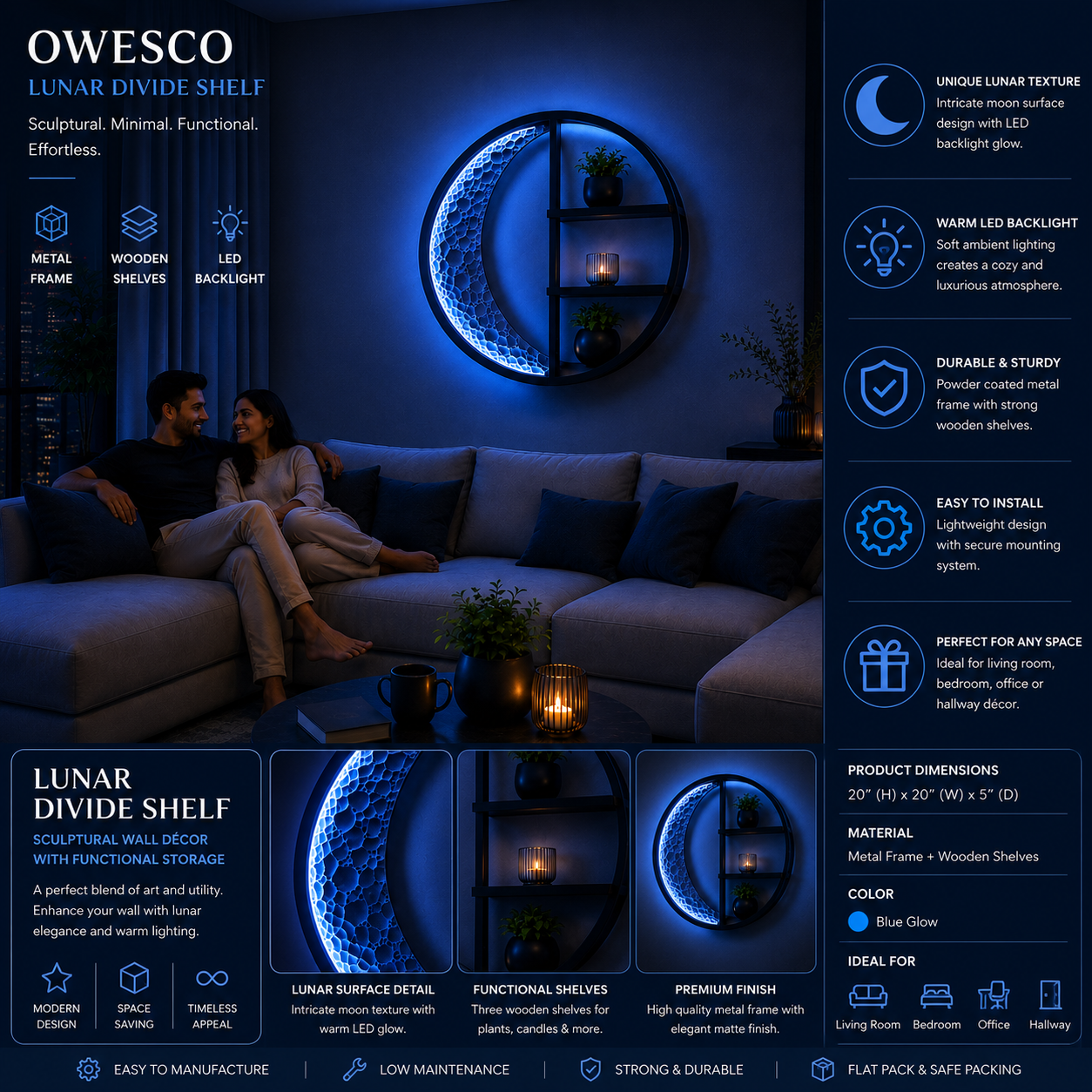 Modern Crescent Moon LED Wall Shelf – Blue Glow