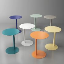 Nordic colorful round metal C-shaped side table with a sleek Scandinavian design