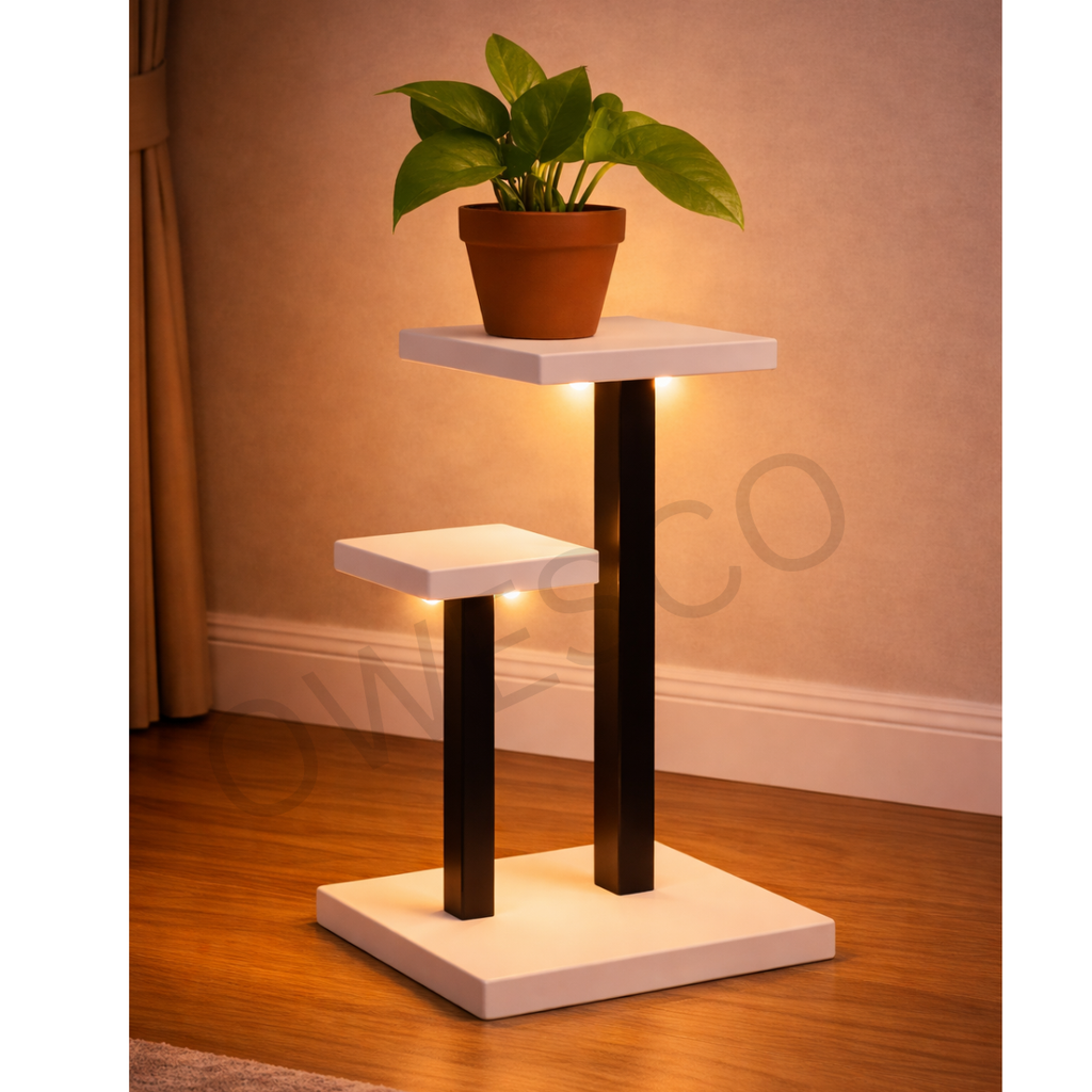 OWESCO Modern 2-Tier Plant Stand with White Shelves & Black Metal Frame FT3 (WHITE)