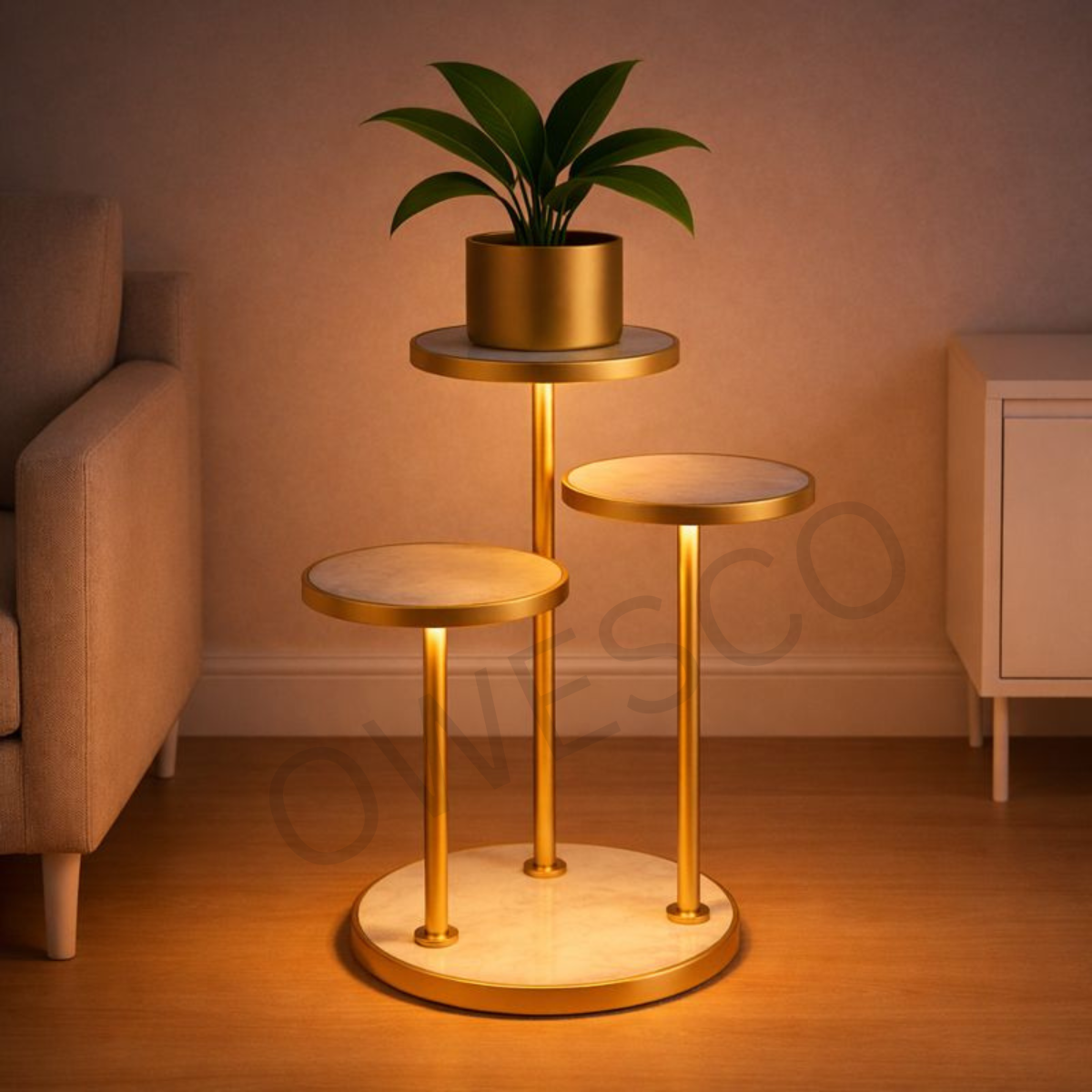 OWESCO Luxury 3-Tier Gold Metal Plant Stand with Marble Finish Tops FT8 (GOLDEN)