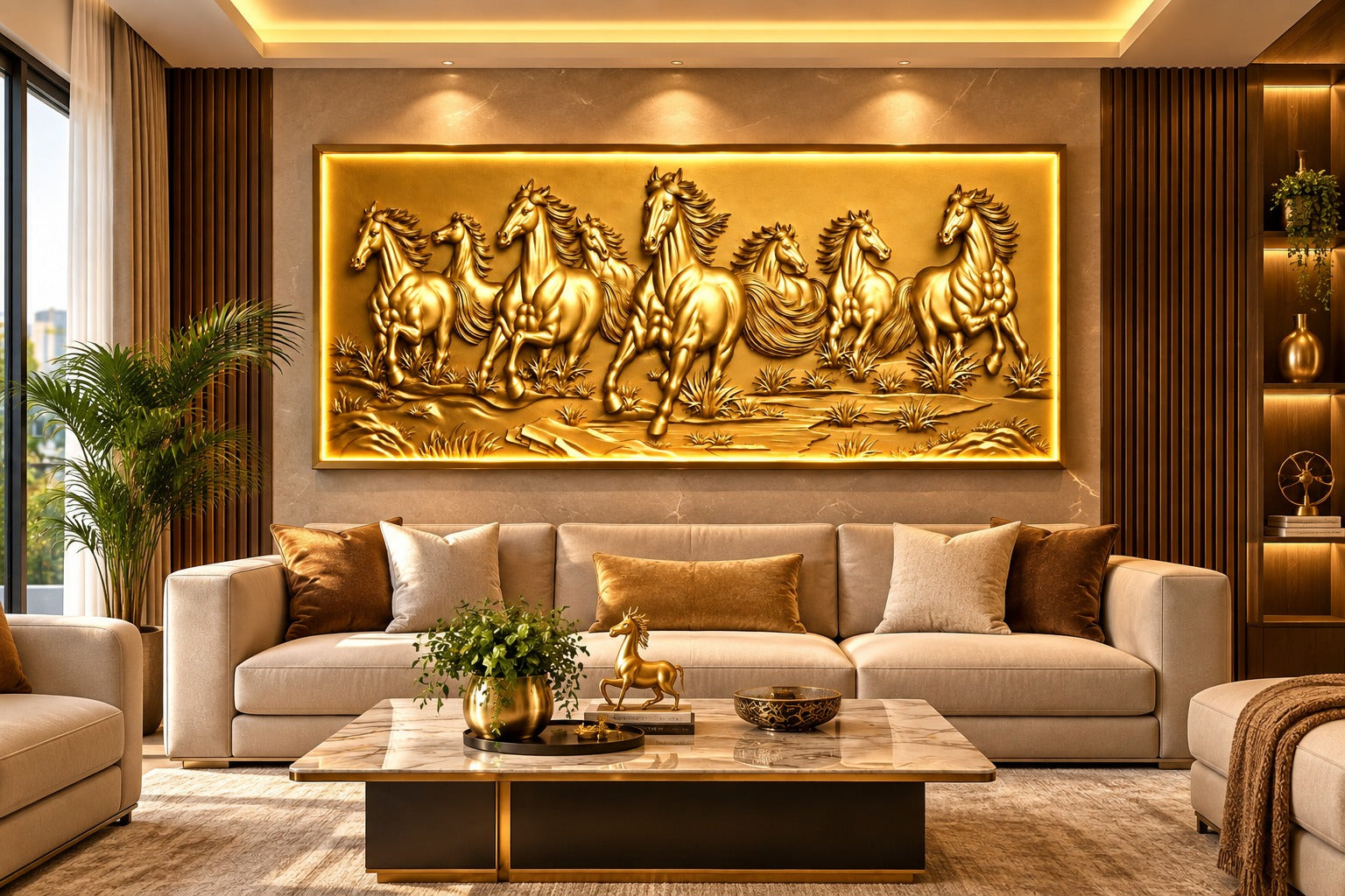 Royal Golden Seven Horses 3D Wall Art with LED Backlighting