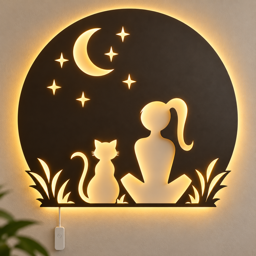 Meditating Woman LED Wall Art – Moon & Stars Backlit Wooden Decor