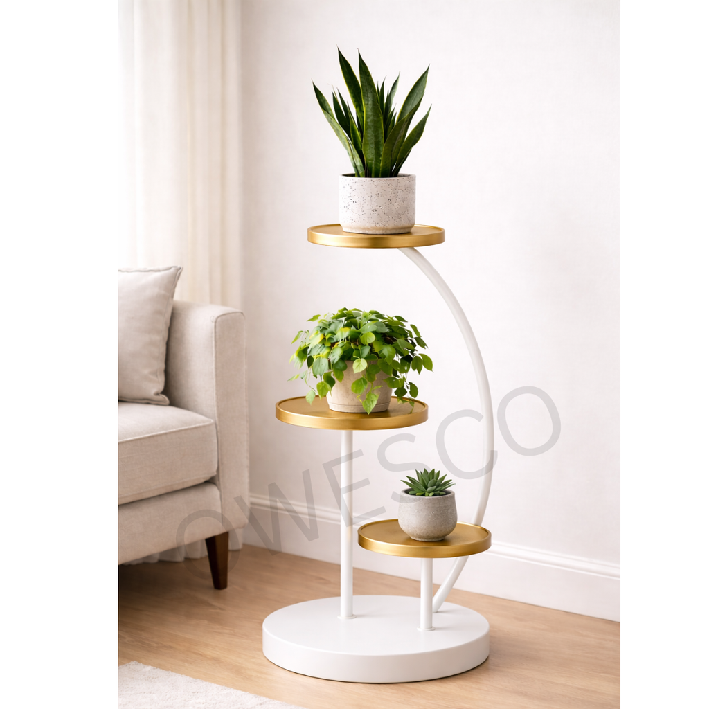 Modern Curved Tier Plant Stand – FT1 (White & Golden)