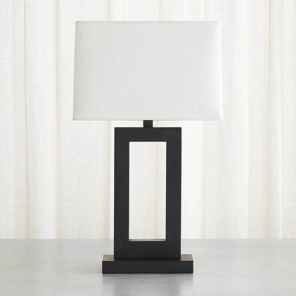 Marshall Modern Table Lamp Bronze Metal Open Window White Rectangular Shade