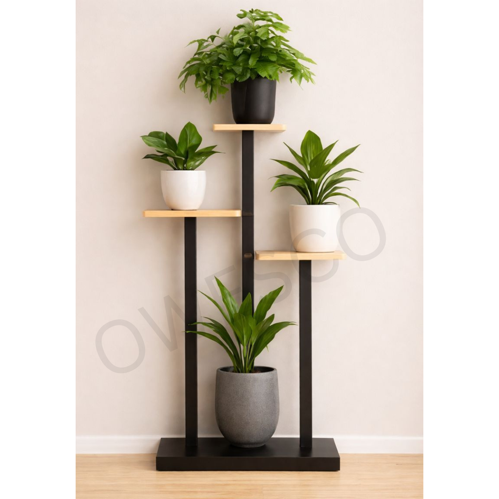 Multi-Tier Modern Wooden & Metal Plant Stand | Indoor Floor Plant Holder FT12