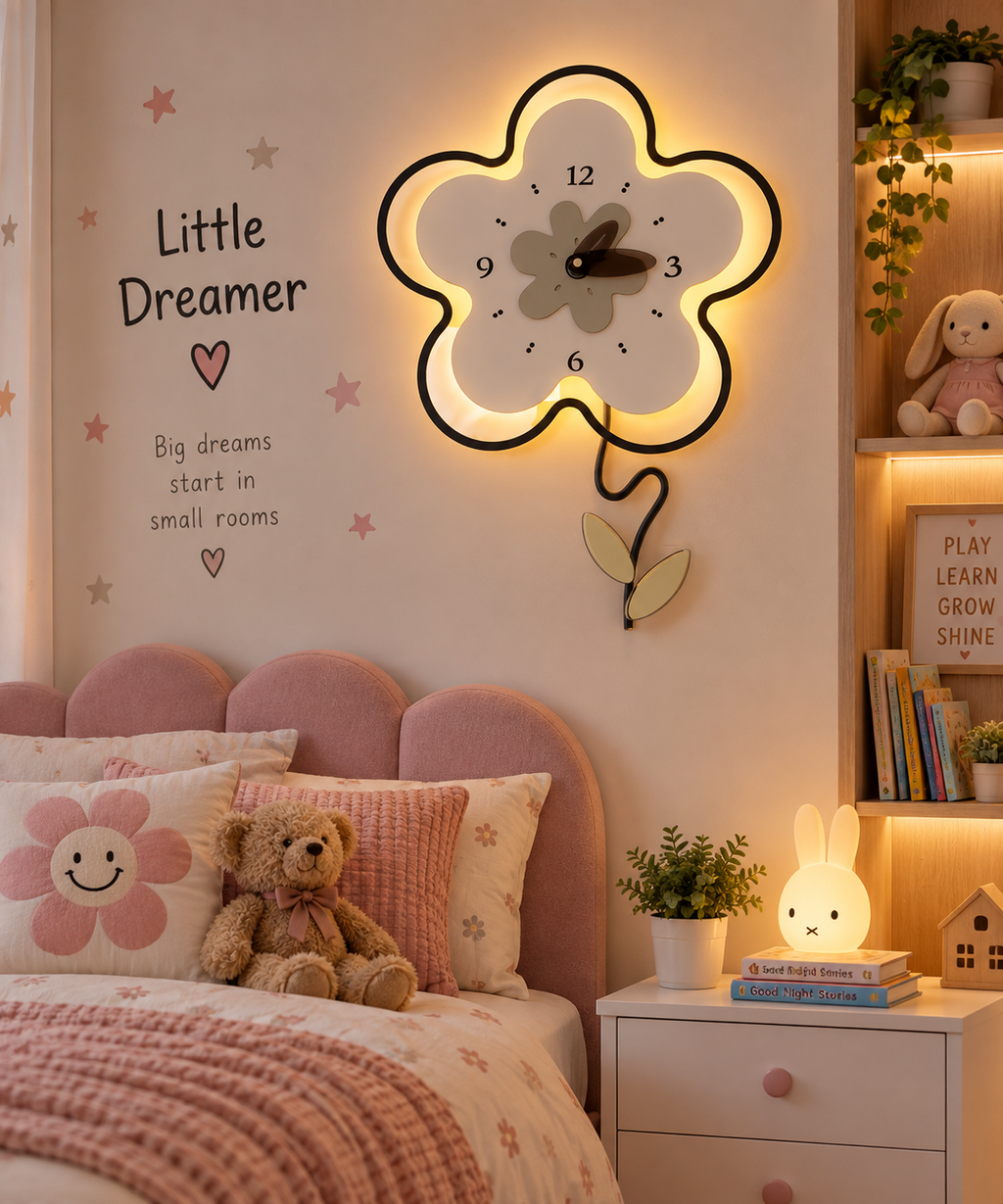 🌸 Cute Flower LED Wall Clock for Kids
