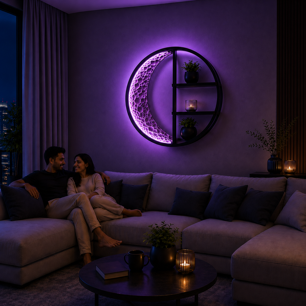 Modern Crescent Moon LED Wall Shelf with Purple Ambient Light