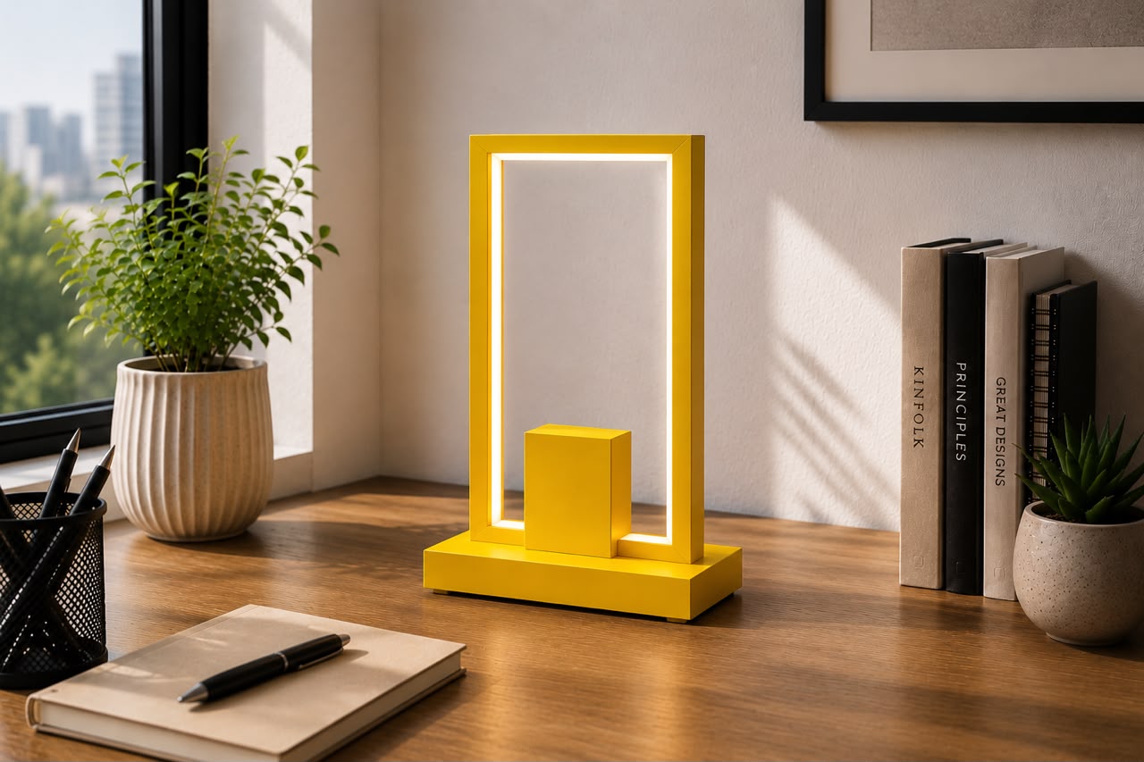 Modern Geometric LED Table Lamp – Premium Yellow Metal Desk Lamp for Home & Office