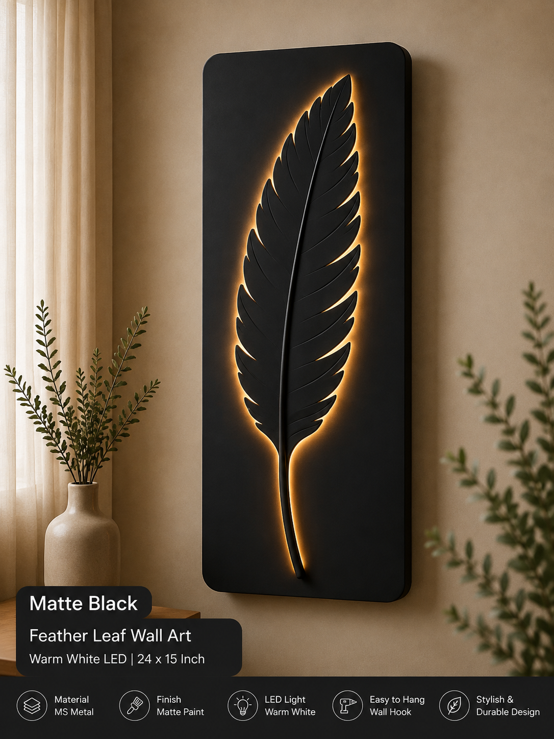 Black Feather Glow LED Wall Art