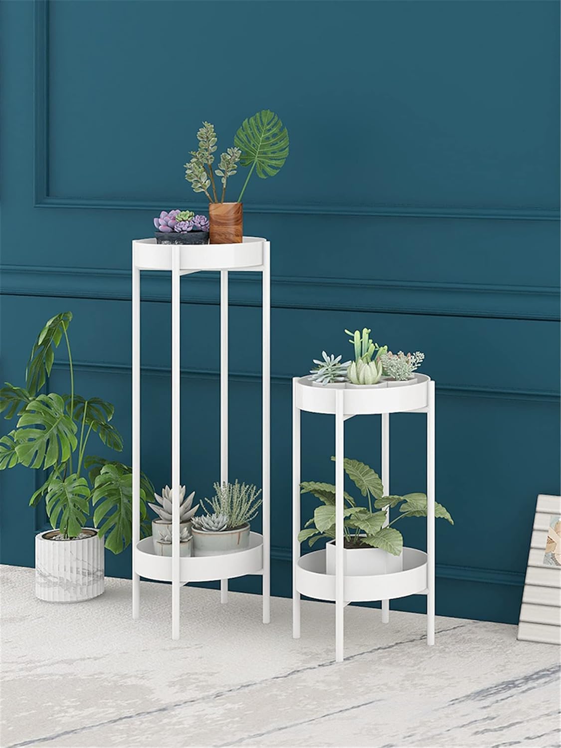 Modern Metal Floor Flower Stands Stand with Planter Set of-2 (White)