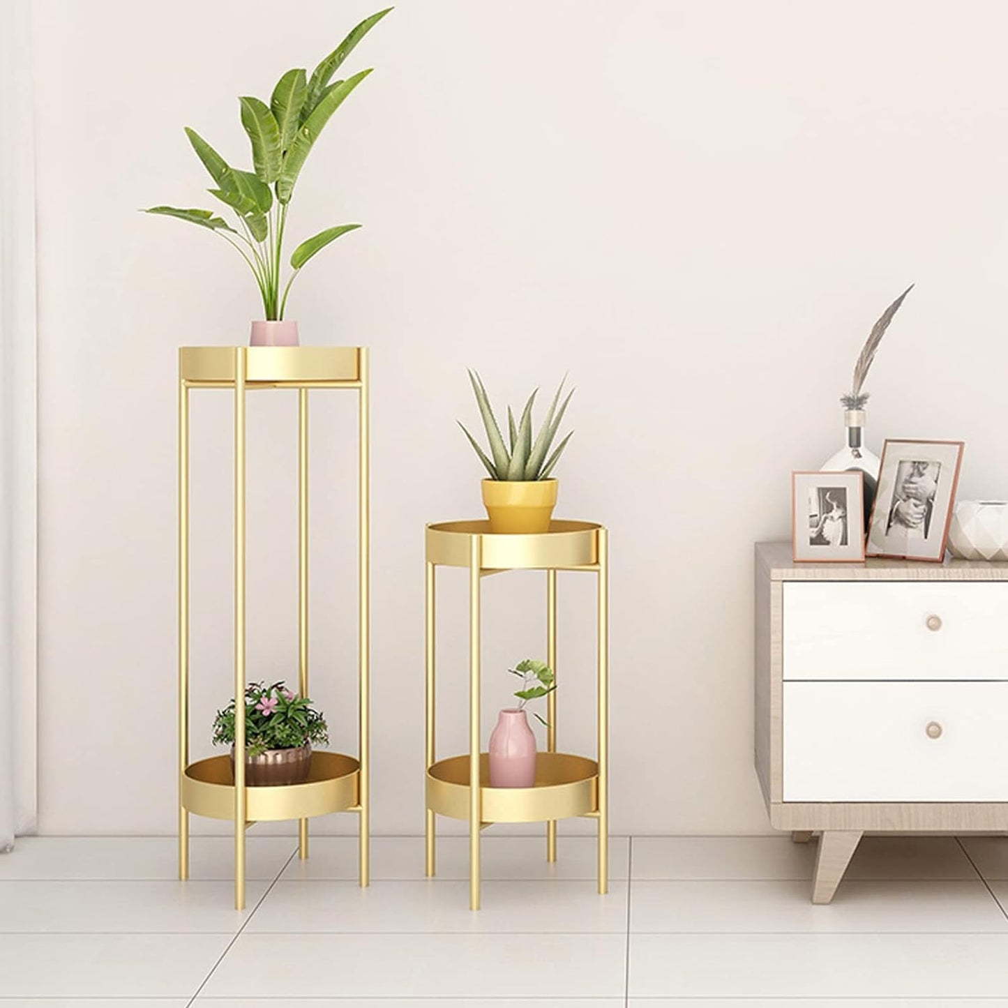 Modern Metal Floor Flower Stands Stand with Planter Set of-2 (Golden)