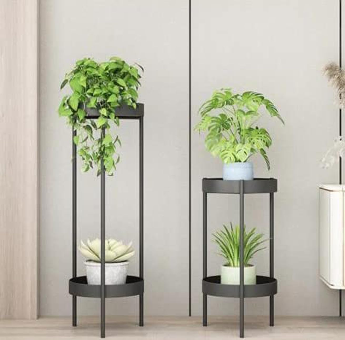 Modern Metal Floor Flower Stands Stand with Planter Set of-2 (Black)