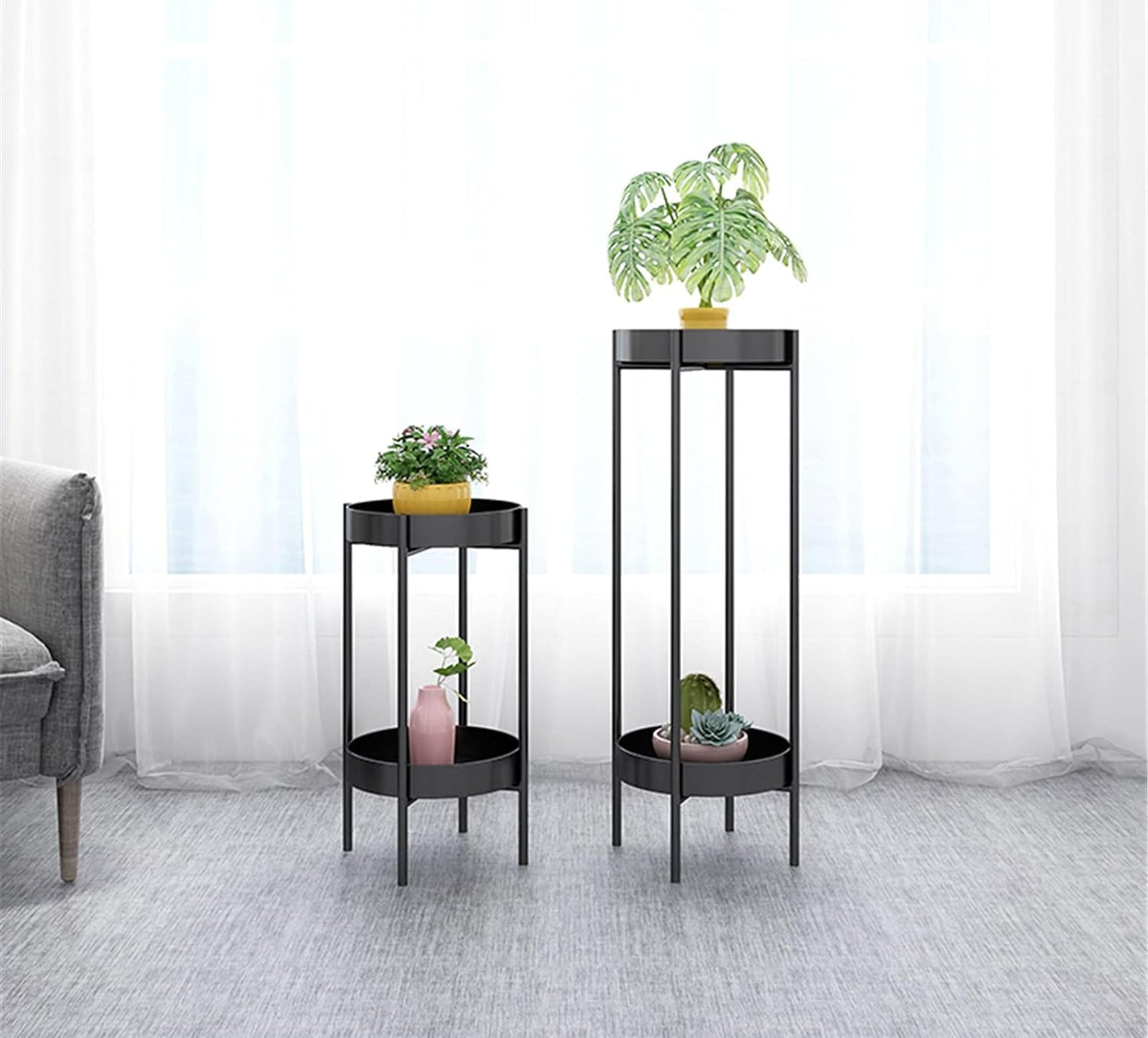 Modern Metal Floor Flower Stands Stand with Planter Set of-2 (Black)