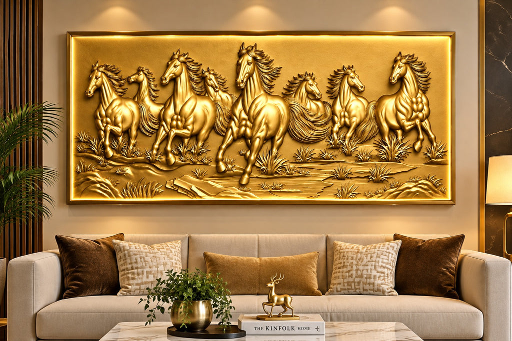 Royal Golden Seven Horses 3D Wall Art with LED Backlighting