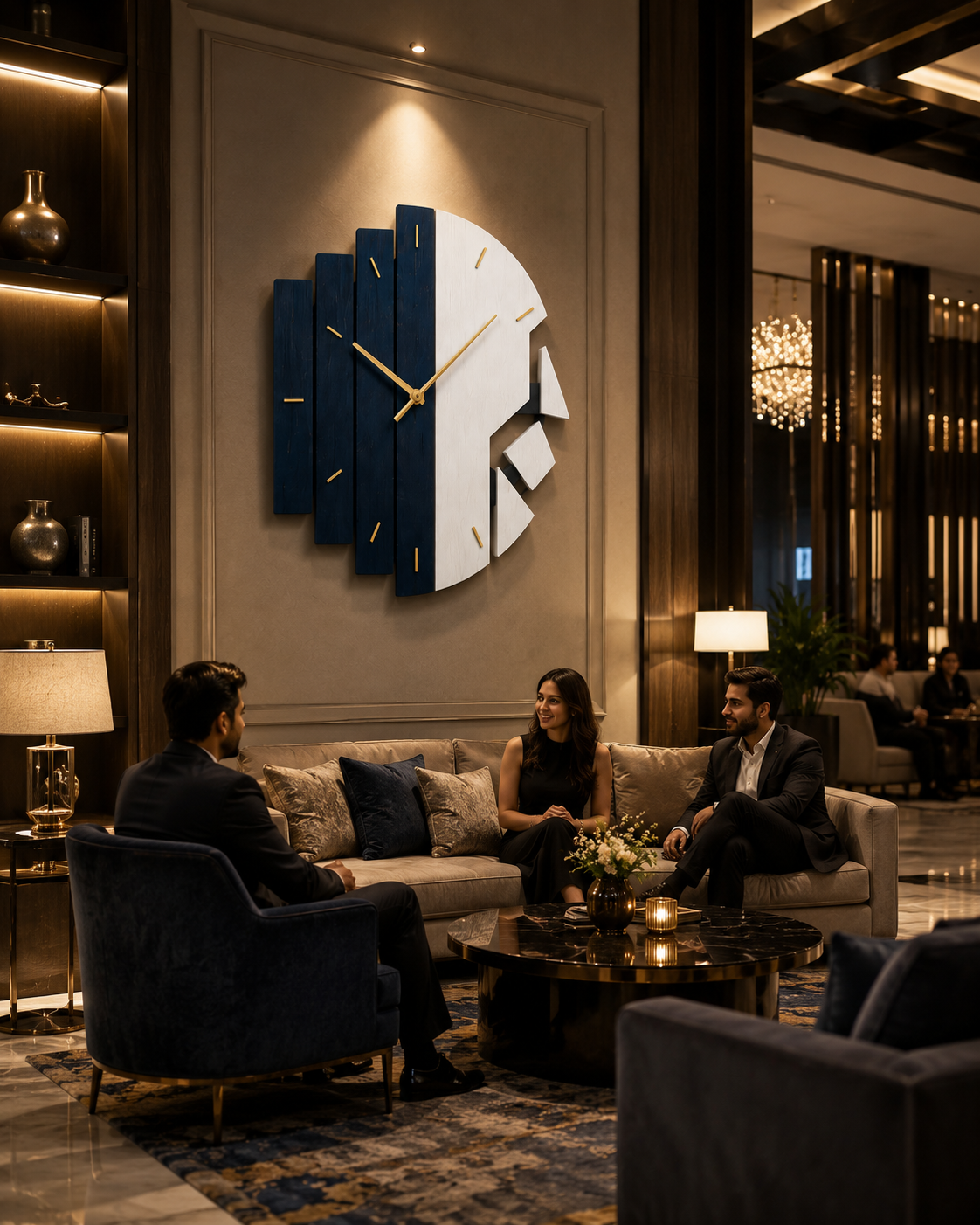 Luxury Navy Blue & White Geometric Wall Clock