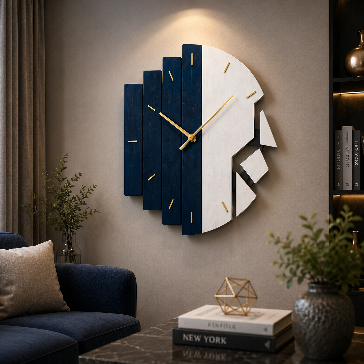 Luxury Navy Blue & White Geometric Wall Clock