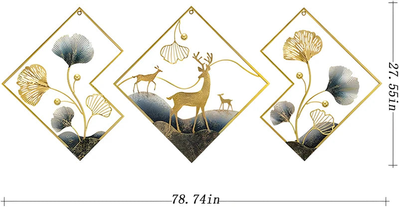 Deer Metal Wall Decor Gold Metal Wall Art 3 Piece Large Metal Art Wall Decor 3D Ginkgo Leaf 78x27in Aesthetic Wall Art for bedroom Office Dining Room Living Room