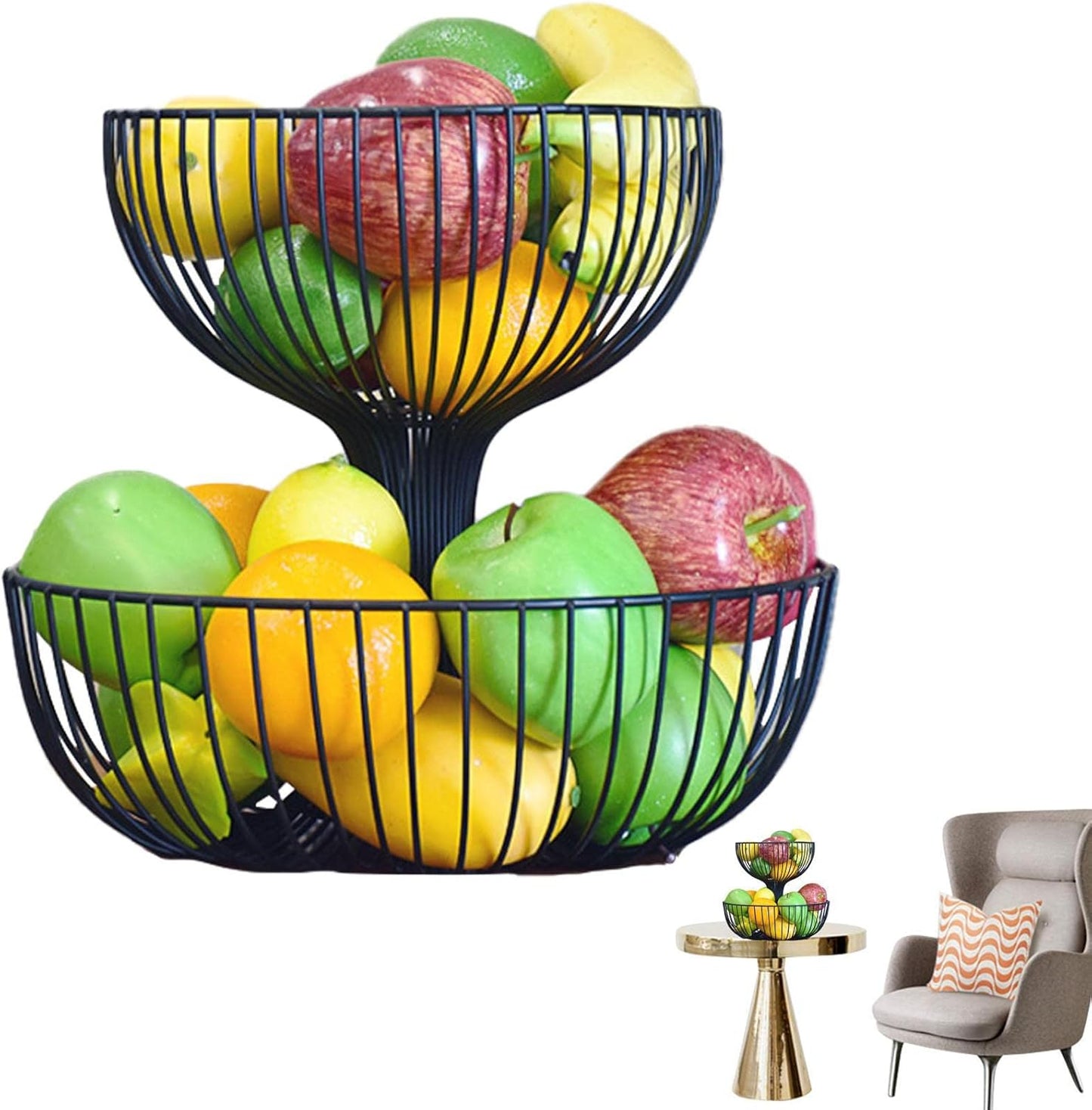 2 Tier Fruit Bowl | Countertop Fruit Storage Baskets - Double Layer Fruit & Vegetables Baskets for Storage and