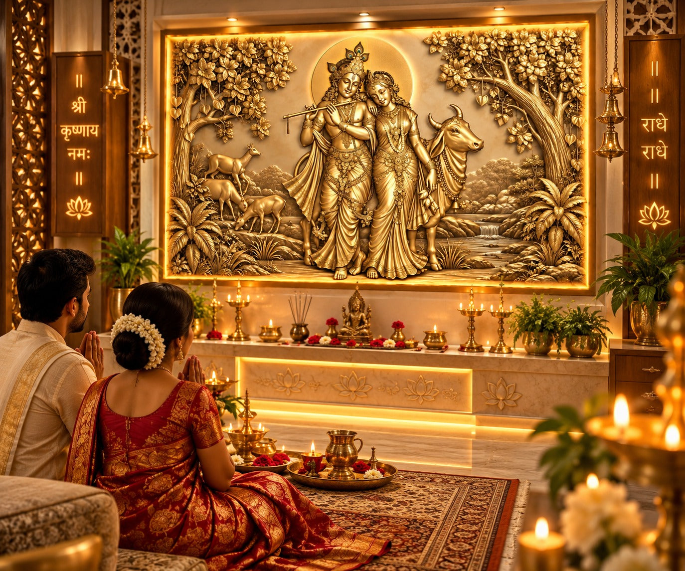 Divine Radha Krishna 3D Golden Wall Art with LED Backlight