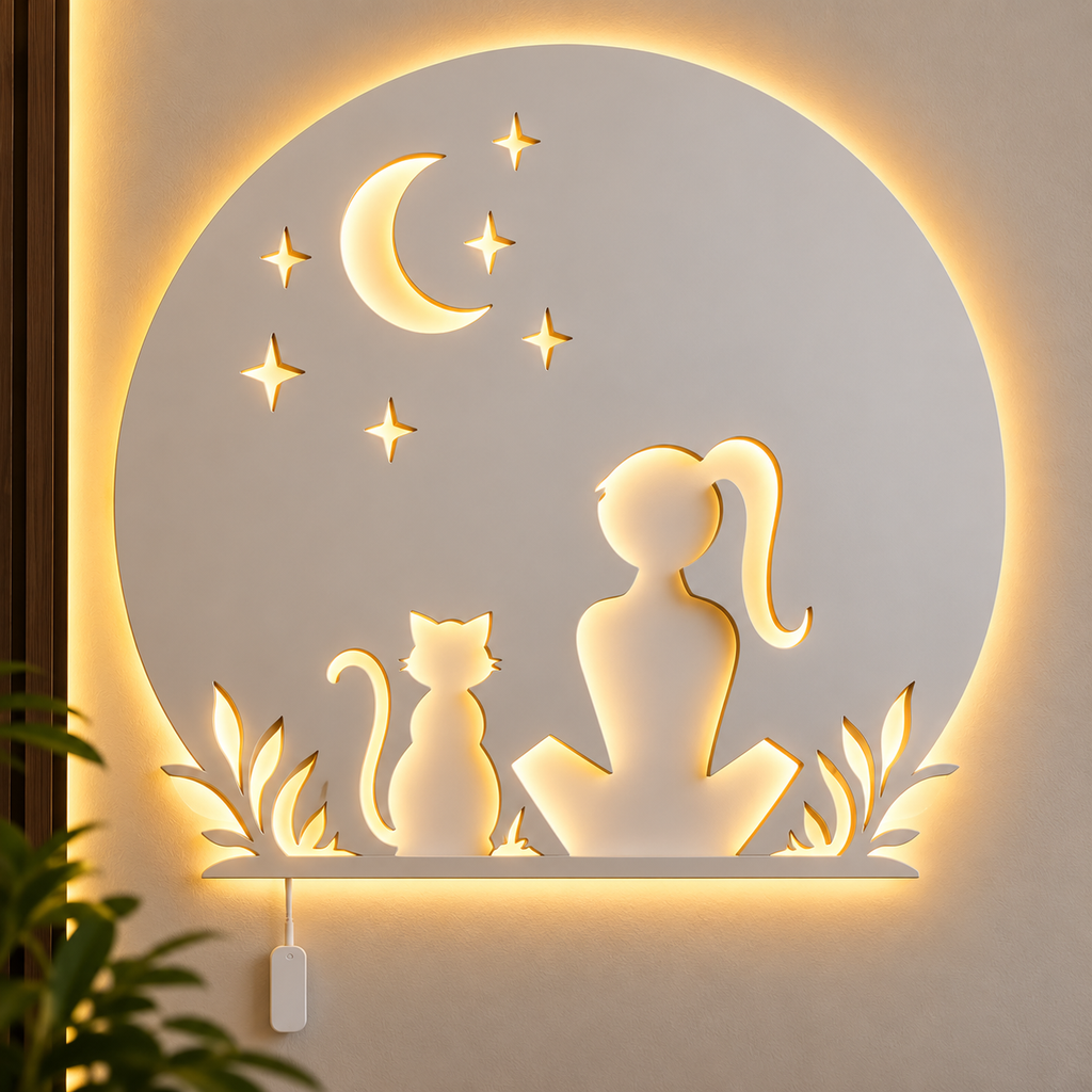 Meditating Woman LED Wall Art – Moon & Stars Backlit Wooden Decor