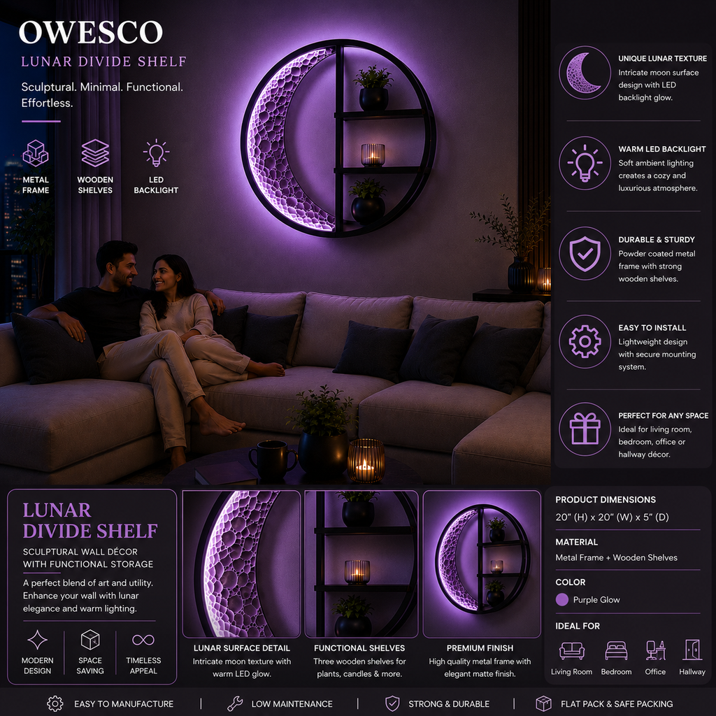 Modern Crescent Moon LED Wall Shelf with Purple Ambient Light
