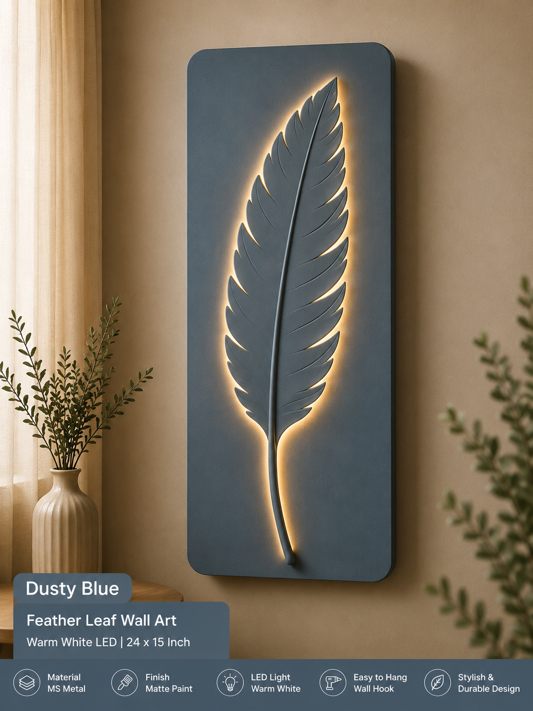 Dusty Blue Feather Leaf LED Wall Art