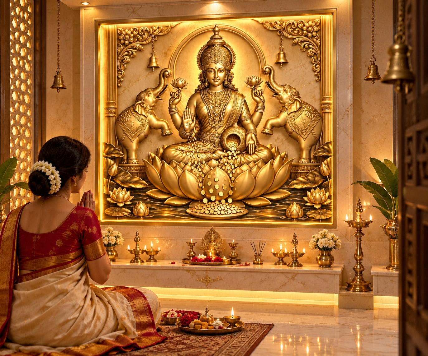 Divine Goddess Lakshmi 3D Golden Wall Art with LED Backlight