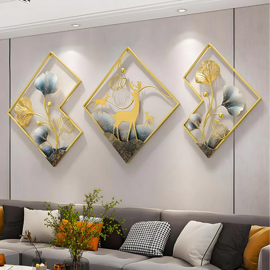 Deer Metal Wall Decor Gold Metal Wall Art 3 Piece Large Metal Art Wall Decor 3D Ginkgo Leaf 78x27in Aesthetic Wall Art for bedroom Office Dining Room Living Room