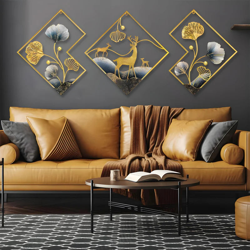 Deer Metal Wall Decor Gold Metal Wall Art 3 Piece Large Metal Art Wall Decor 3D Ginkgo Leaf 78x27in Aesthetic Wall Art for bedroom Office Dining Room Living Room