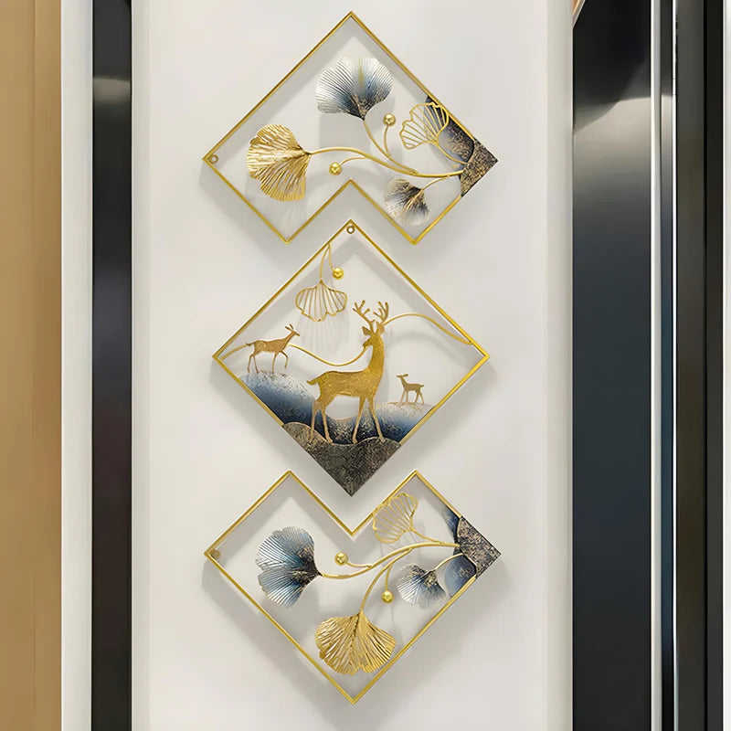 Deer Metal Wall Decor Gold Metal Wall Art 3 Piece Large Metal Art Wall Decor 3D Ginkgo Leaf 78x27in Aesthetic Wall Art for bedroom Office Dining Room Living Room