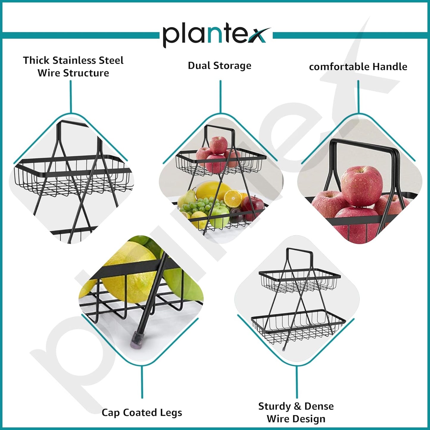 Plantex High Grade Steel 2-Tier Fruit & Vegetable Basket, Countertop Tiered Shelf For Dining Table/Kitchen (Black)