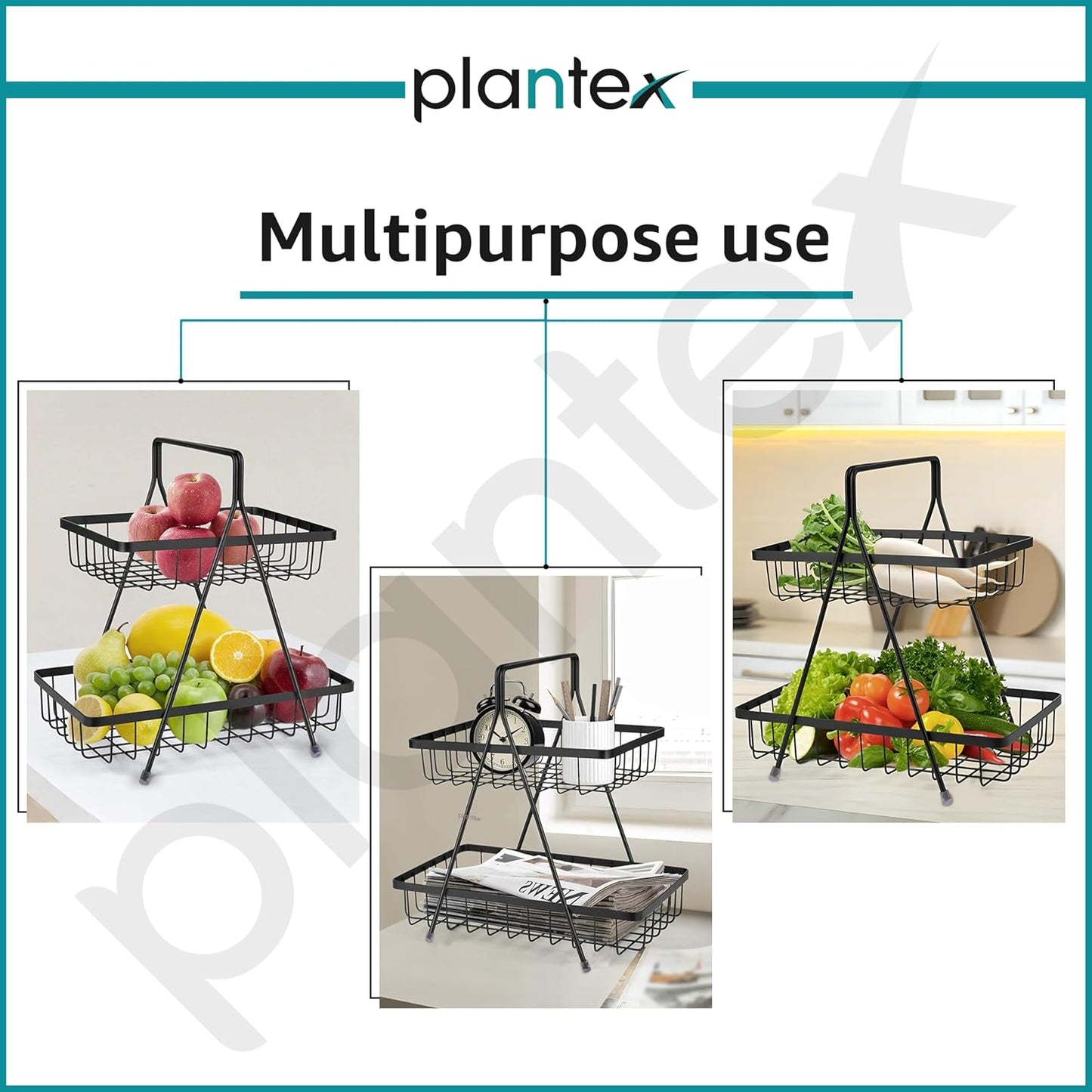 Plantex High Grade Steel 2-Tier Fruit & Vegetable Basket, Countertop Tiered Shelf For Dining Table/Kitchen (Black)