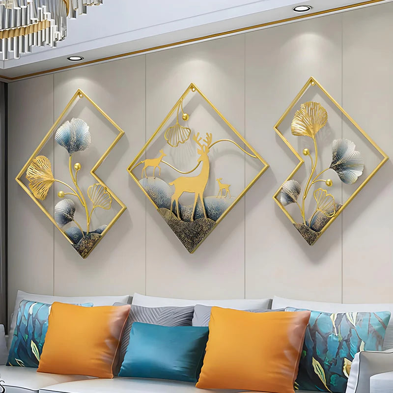 Deer Metal Wall Decor Gold Metal Wall Art 3 Piece Large Metal Art Wall Decor 3D Ginkgo Leaf 78x27in Aesthetic Wall Art for bedroom Office Dining Room Living Room