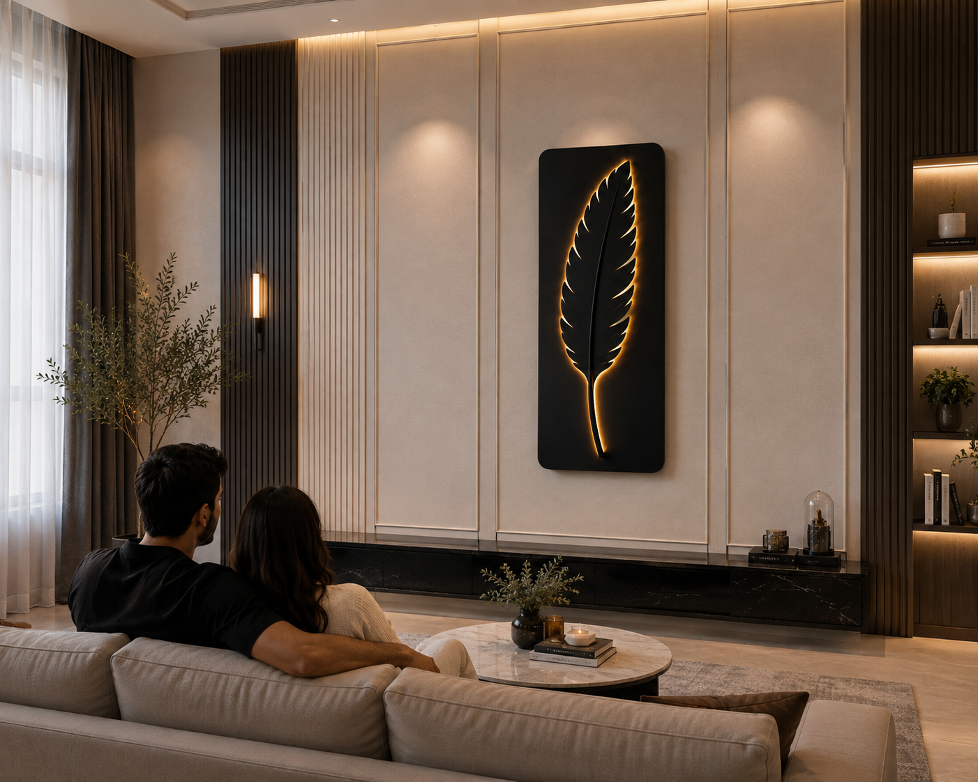 Black Feather Glow LED Wall Art