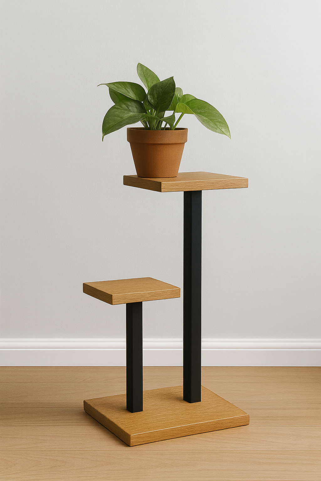 OWESCO Modern 2-Tier Plant Stand with White Shelves & Black Metal Frame – Minimalist Indoor Planter Stand