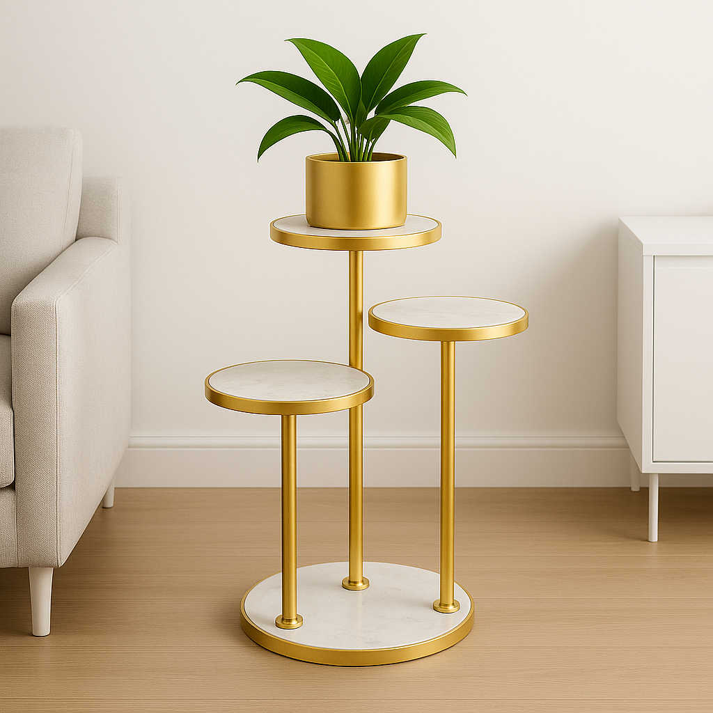 OWESCO Luxury 3-Tier Gold Metal Plant Stand with Marble Finish Tops – Modern Indoor Plant Display