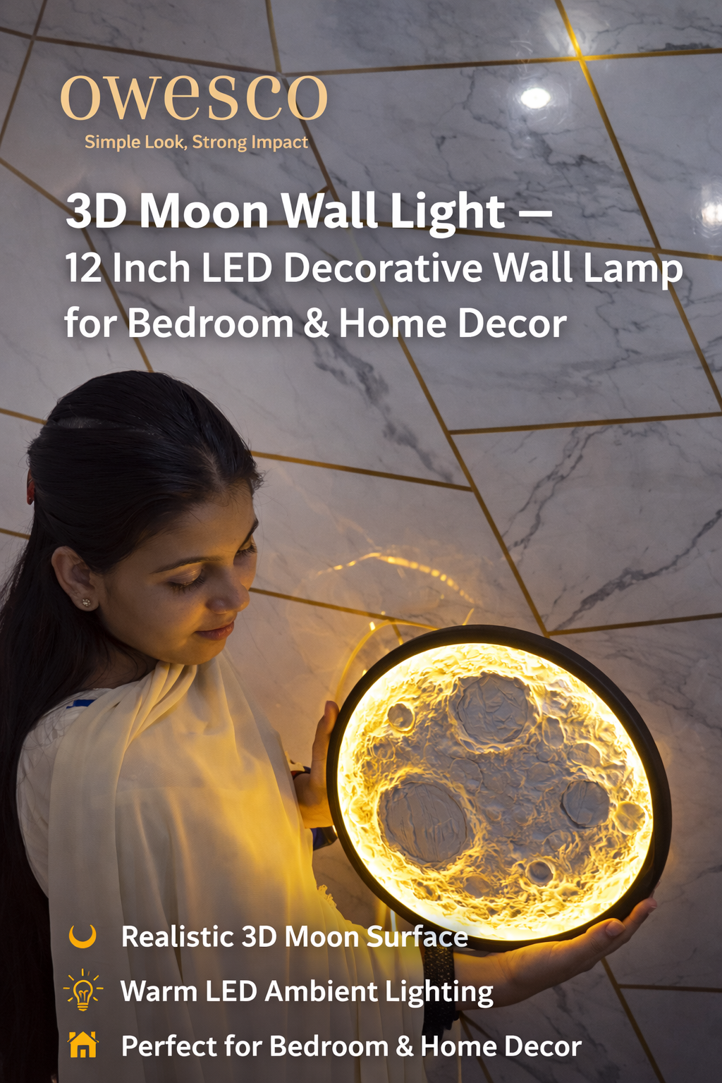 3D Moon Wall Light (Cool Blue) – 12 Inch LED Decorative Wall Lamp for Bedroom & Modern Home Decor