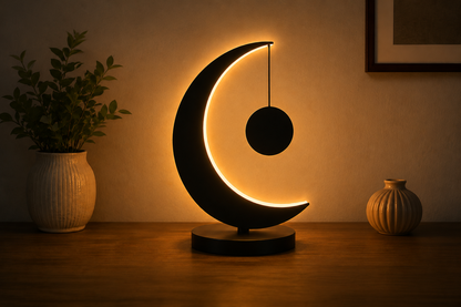 Modern Crescent Moon LED Table Lamp | Premium Metal Finish | Warm Ambient Night Light | Home & Office Decor