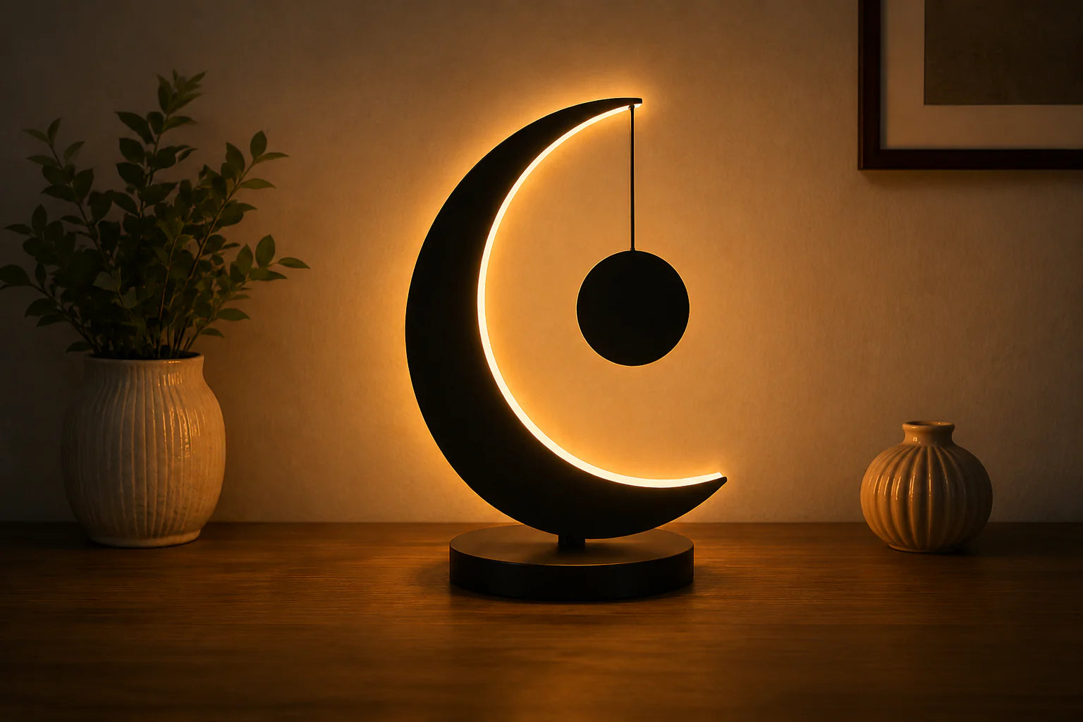 Modern Crescent Moon LED Table Lamp | Premium Metal Finish | Warm Ambient Night Light | Home & Office Decor