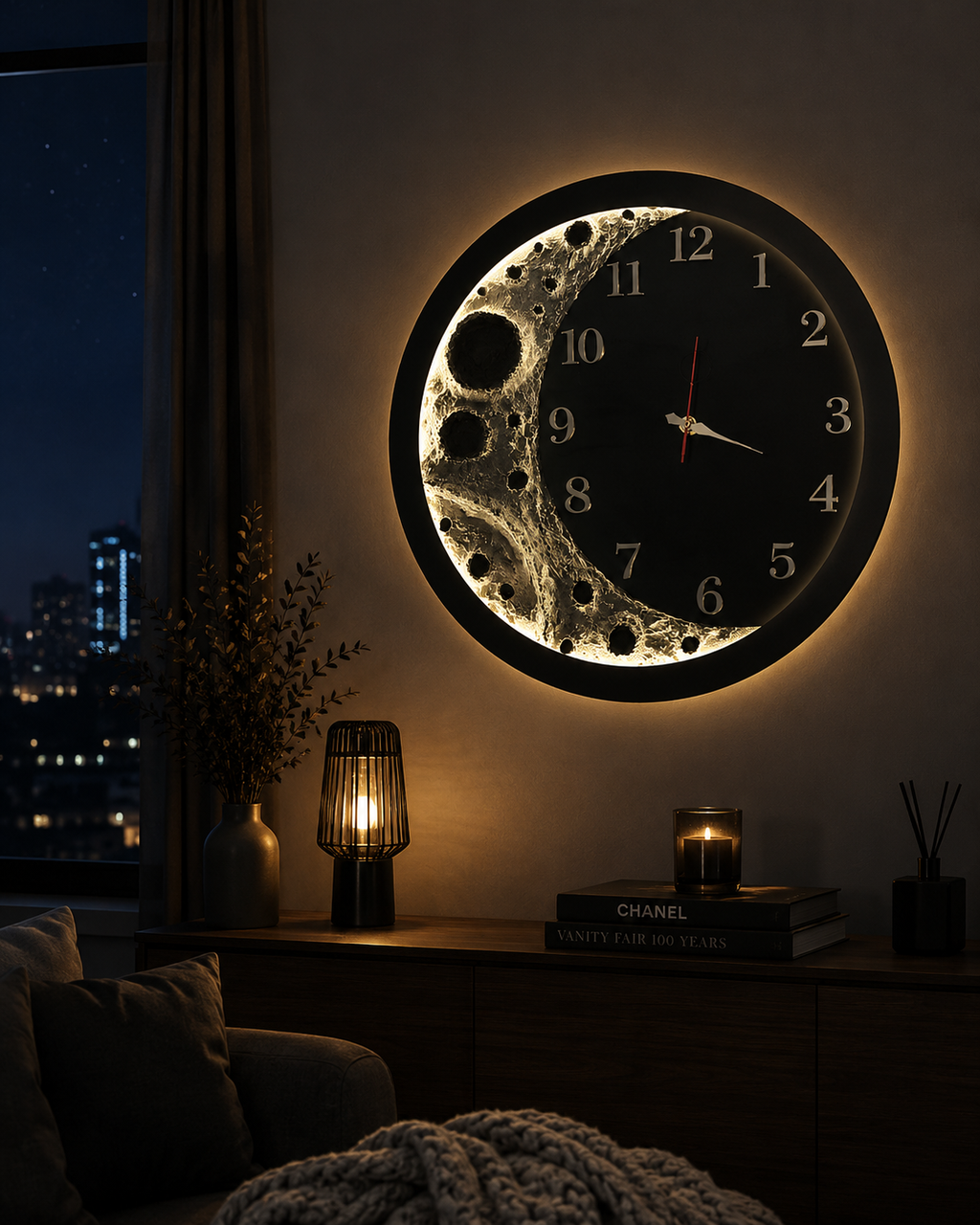 Premium Moon Phase Wall Clock with LED Glow