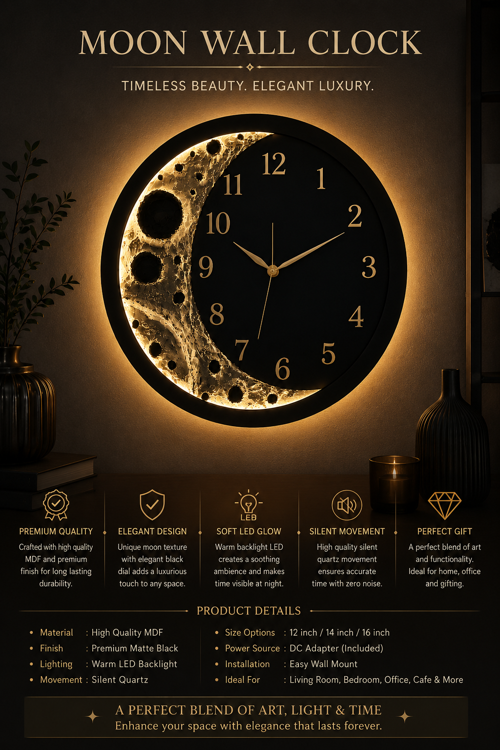 Premium Moon Phase Wall Clock with LED Glow
