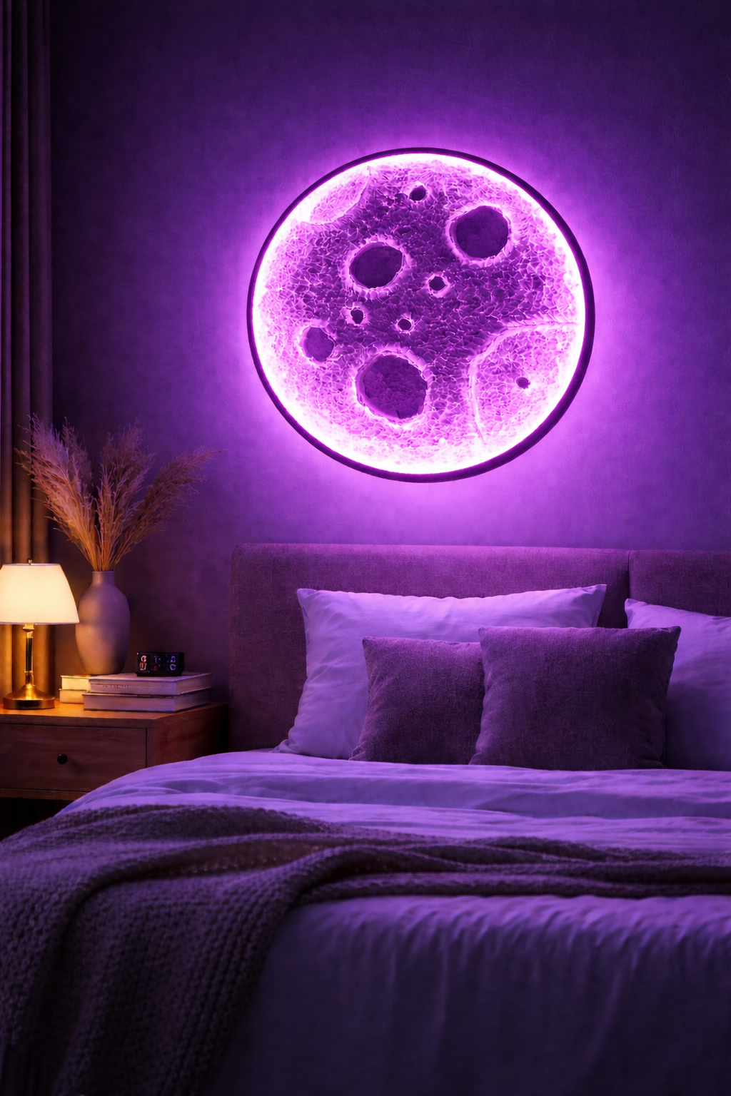 3D Moon Wall Light (Purple Glow) – 12 Inch LED Decorative Wall Lamp for Bedroom & Aesthetic Room Decor