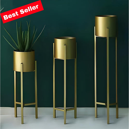 Modern Metal Floor Flower Stands Planter Stand with Planter Pot -Set of 3 Golden)