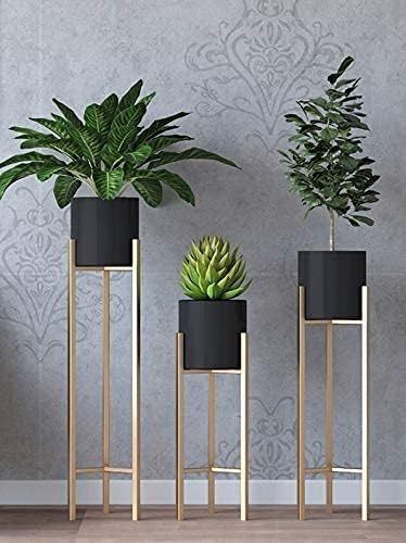 Modern Metal Floor Flower Stands Planter Stand with Planter Pot -Set of 3 Golden)