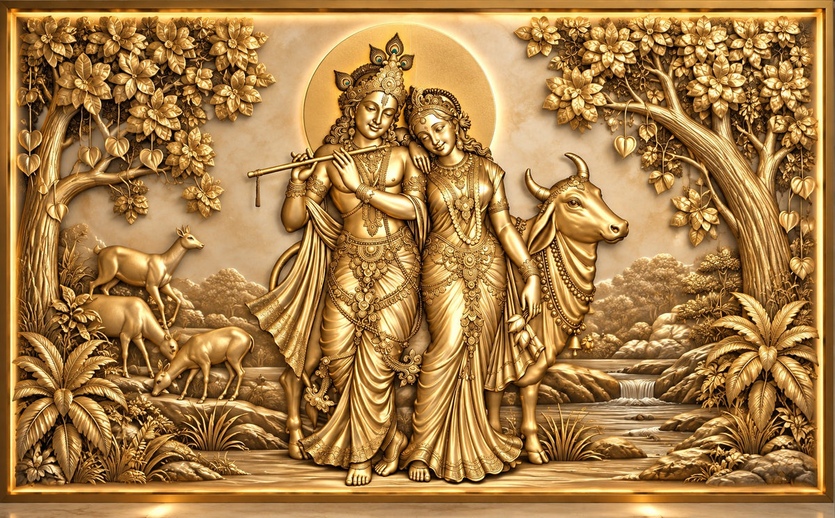 Divine Radha Krishna 3D Golden Wall Art with LED Backlight