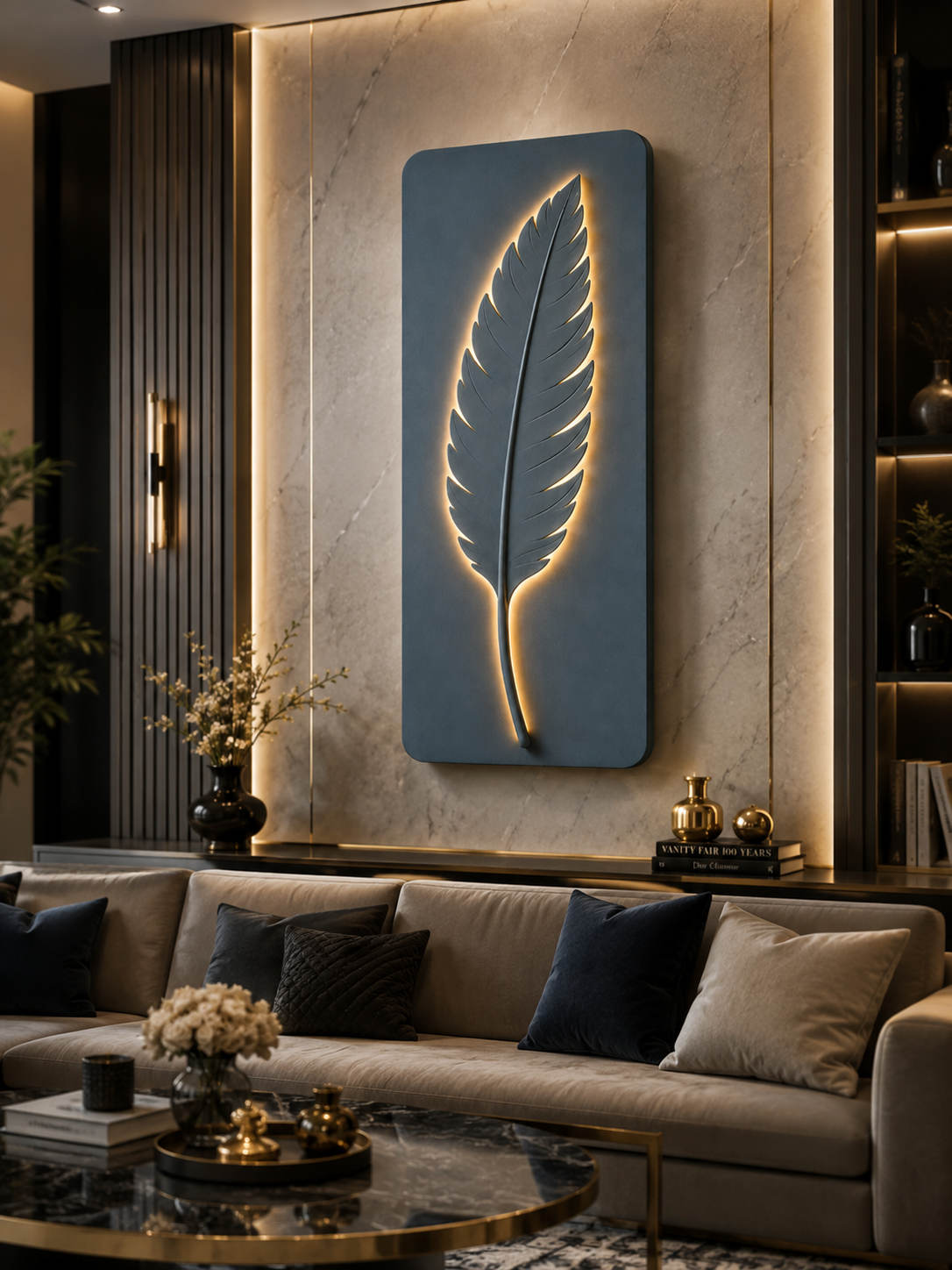 Dusty Blue Feather Leaf LED Wall Art