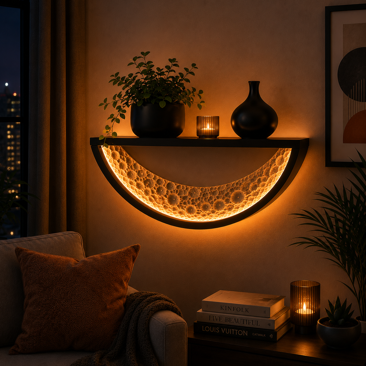 MoonGlow LED Crescent Wall Shelf – Modern Floating Wall Decor with Warm Ambient Light