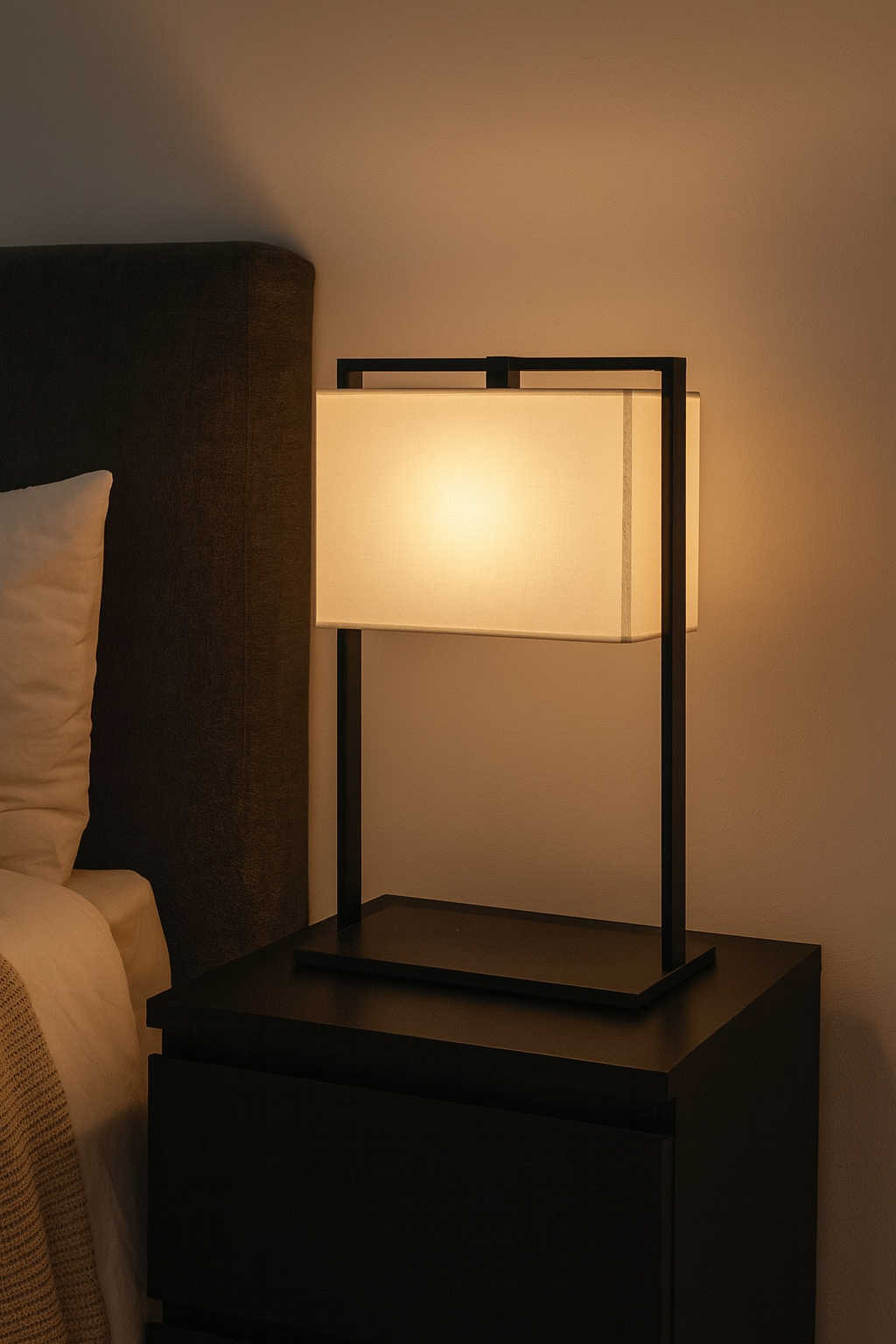 Marshall Modern Table Lamp Bronze Metal Open Window White Rectangular Shade